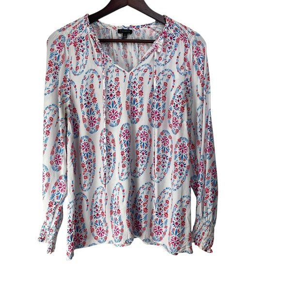 Talbots Tops - Talbots Women's Top Size S Peasant Floral Print White Long Sleeve V-Neck Blouse